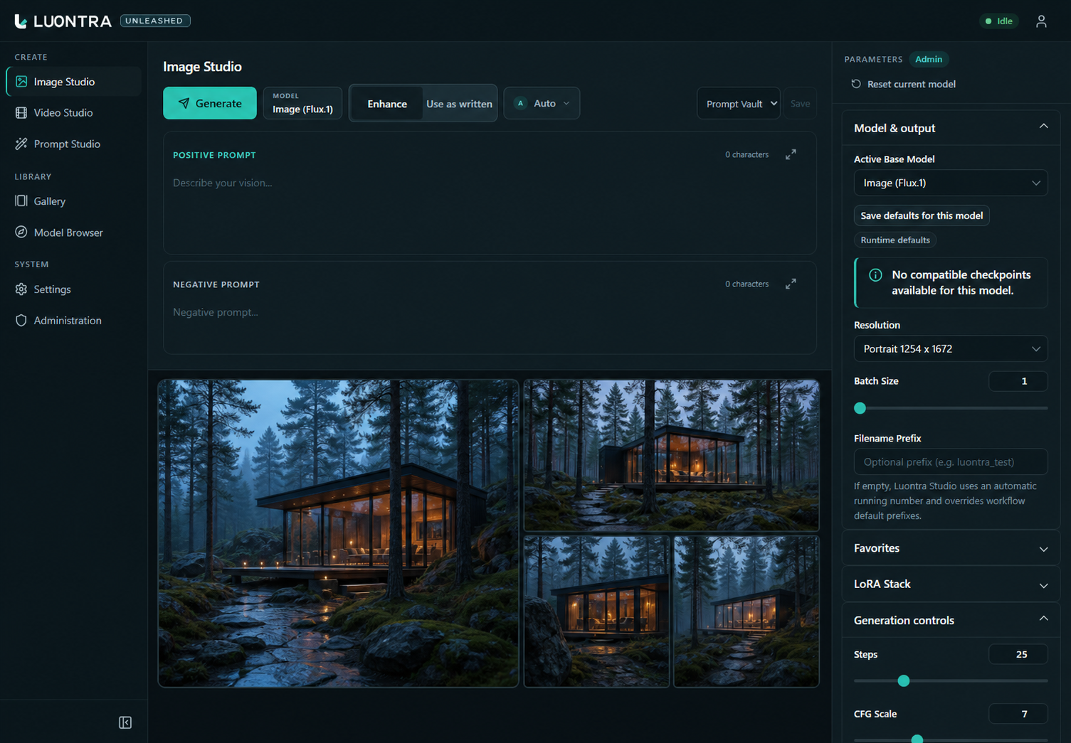 Luontra Studio Unleashed workspace showing Nordic cabin image variations